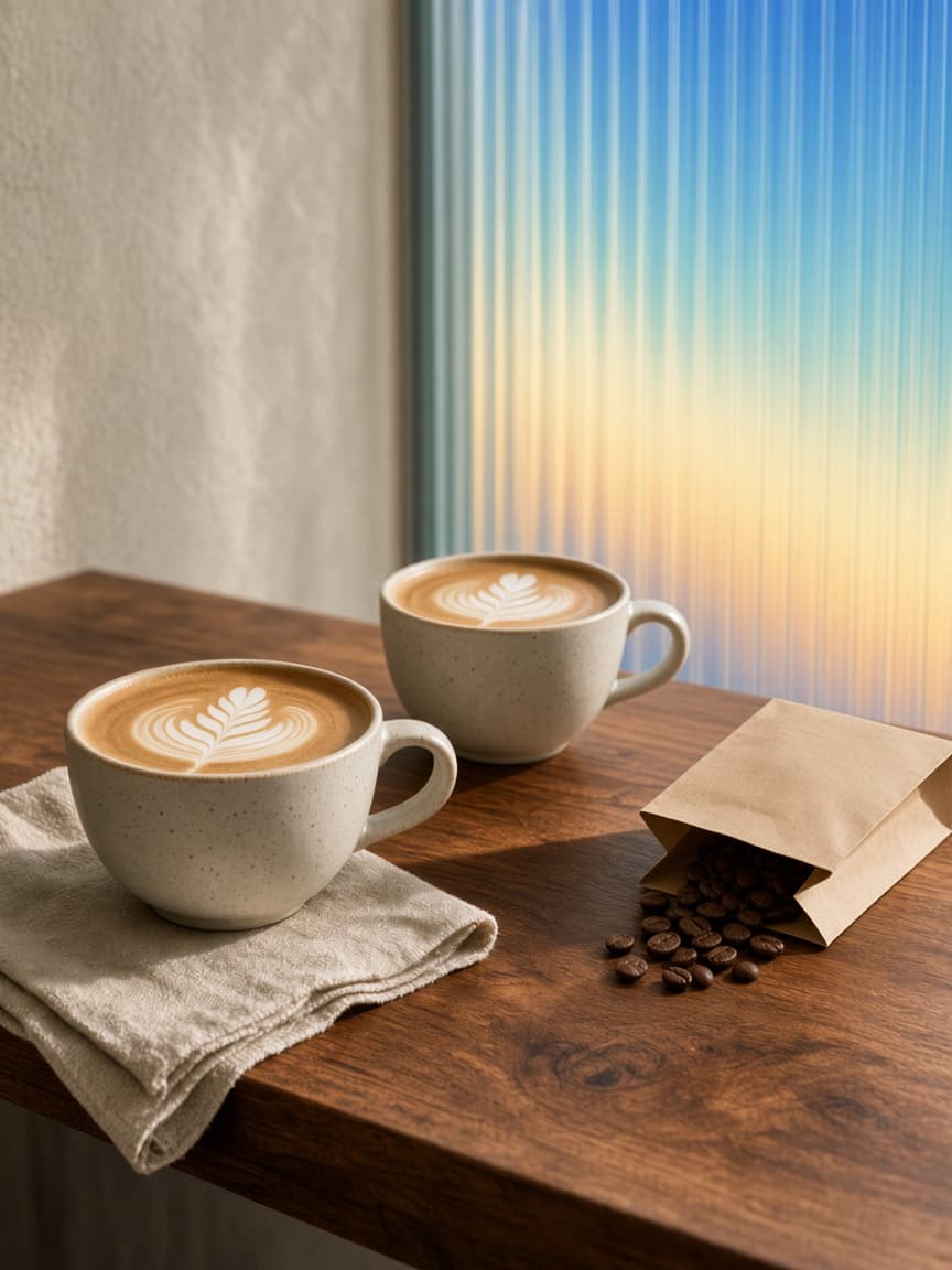 Latte cups and roasted beans on a cafe counter in morning light