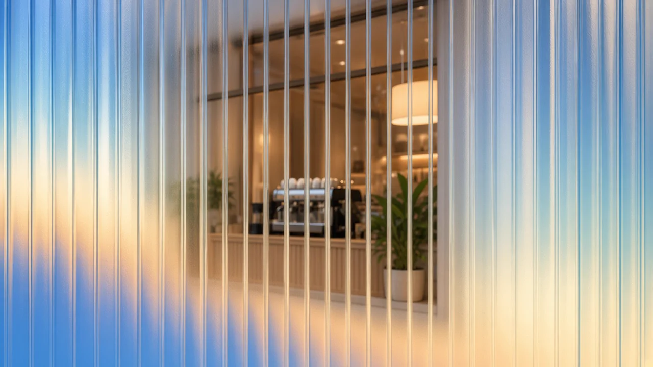 A cafe storefront seen through reeded glass