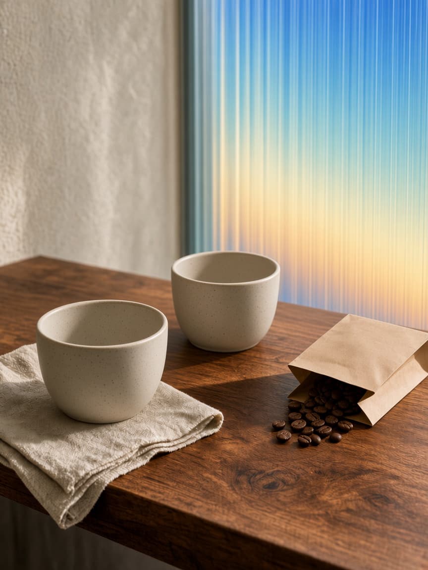 Ceramic vessels on a walnut shelf against plaster and reeded glass