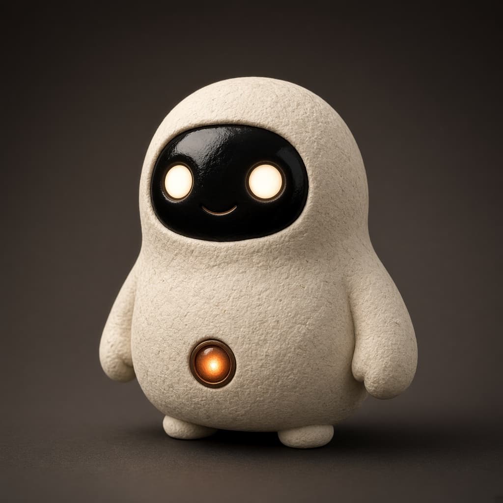 Viby, Studio copilot — cream 3D collectible mascot with an ink-black face and a warm lamp glow