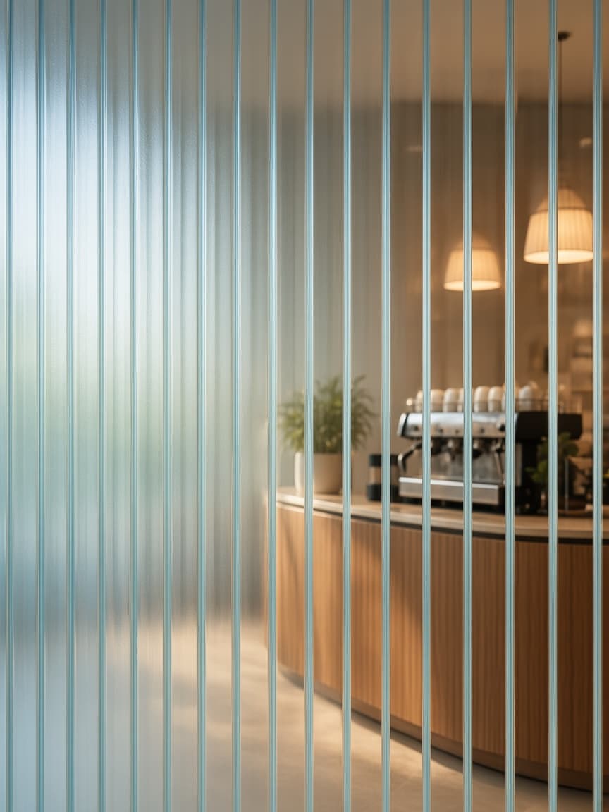 A cafe interior seen through pale cyan reeded glass