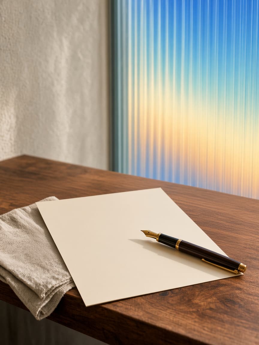 A walnut writing desk with cream paper and a fountain pen