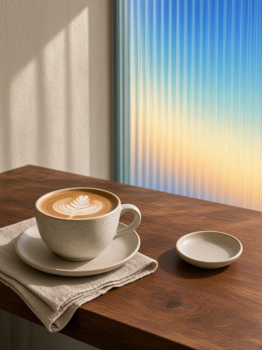 A ceramic cup and saucer on walnut beside reeded glass