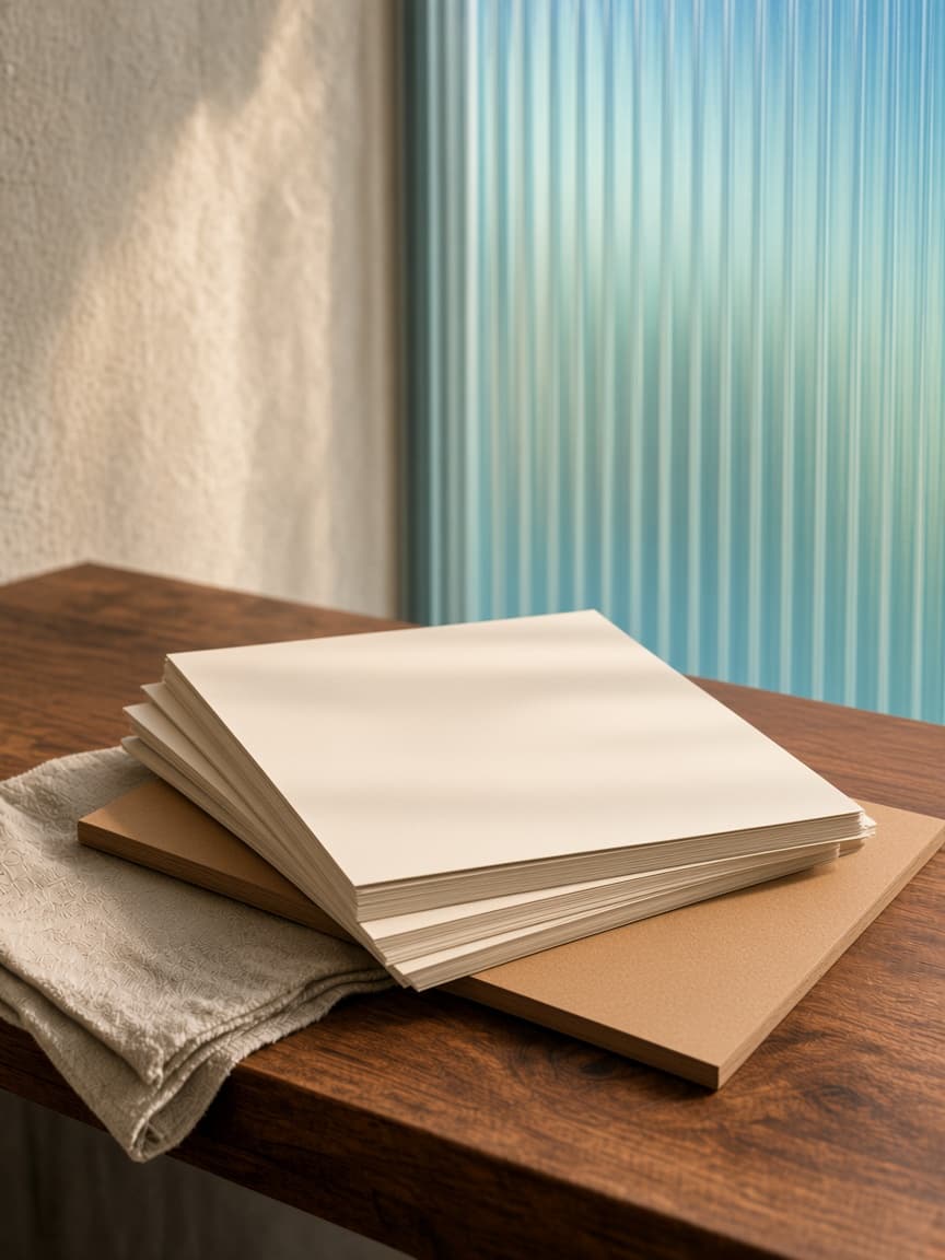 Lookbook sheets and kraft samples on a walnut counter in morning light